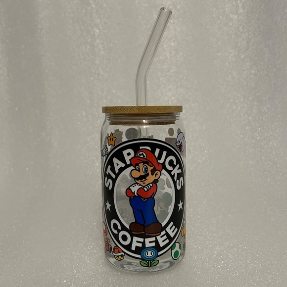 Super Mario Starbucks Glass Libby Cup w/ Lid and Glass Straw- 16oz - Picture 2 of 5